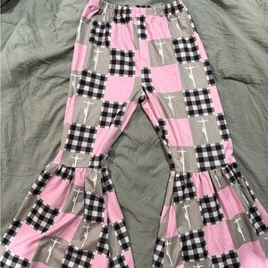 Kids Patchwork Ruffle Pants - Pink and Gray - Lineman Print